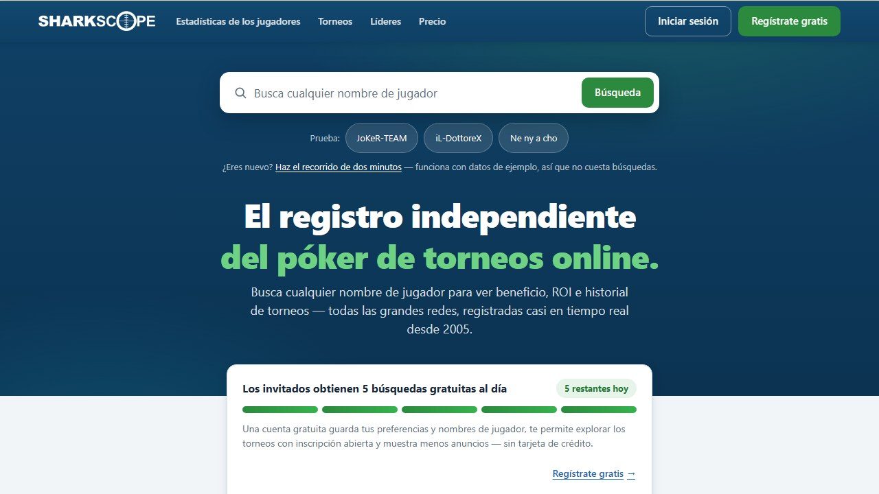 Portada de SharkScope en español, con el buscador de nombres de jugador y el aviso de 5 búsquedas gratuitas al día